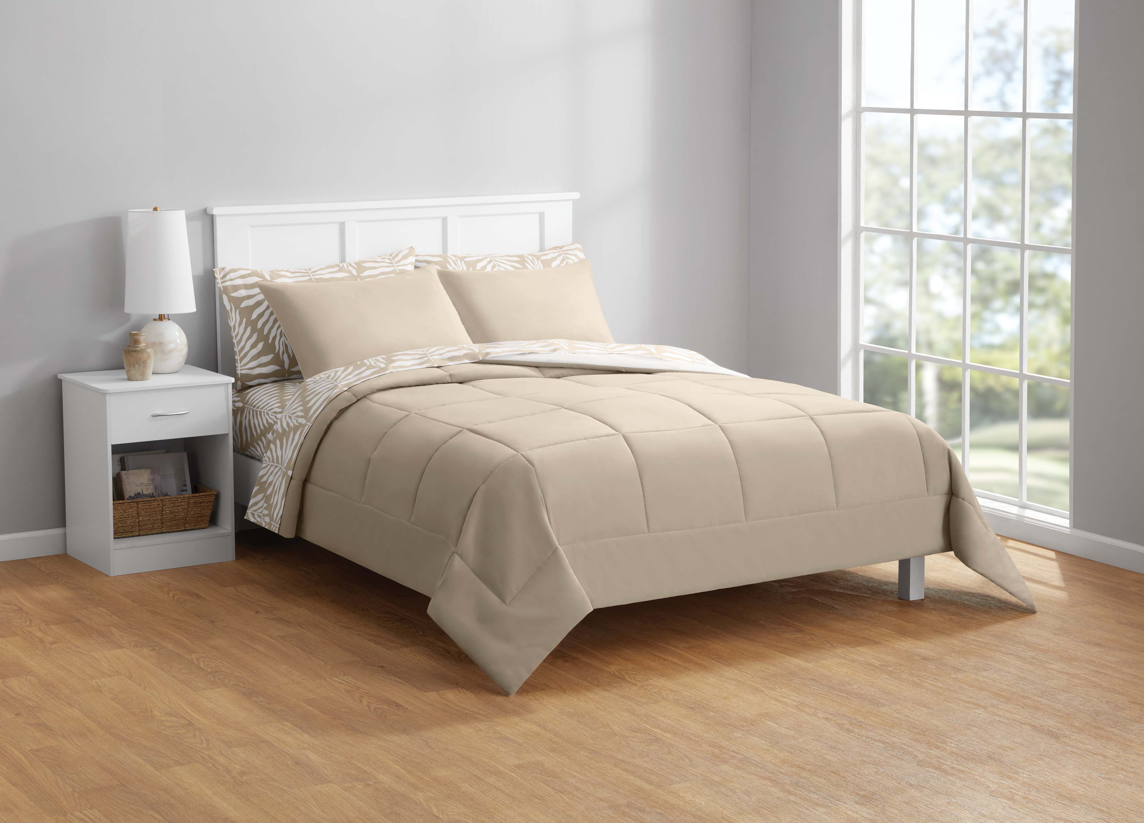 Mainstays All in One Reversible Comforter and Sheet set- 7 Piece, Full, Beige Palm