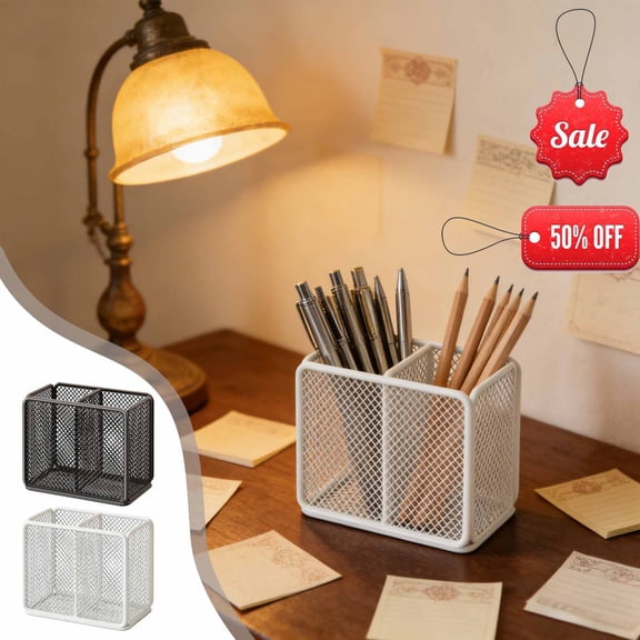 FEOLGEHLY Pencil Holders & Pen Holders, Large Capacity Pen Pencil Holder for Desk Notebook, Iron Mesh Pen Organizer Two Tier Compartment Pencil Cup, Decorative Storage Box for Home Office Desktop