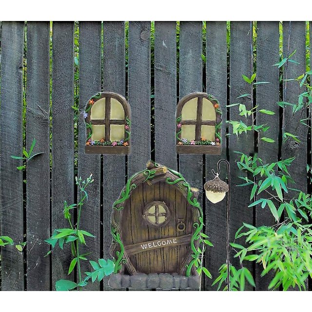Ventanas y puertas de cuento de hadas para el hogar y candelabros de árbol, decoración de jardín de cuento de hadas