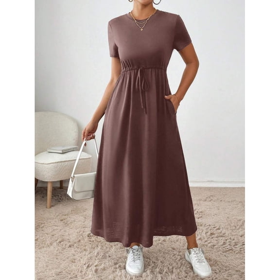 Maroon Drawstring Waist A-Line Midi Dress With Side Pockets Casual Womens Dress