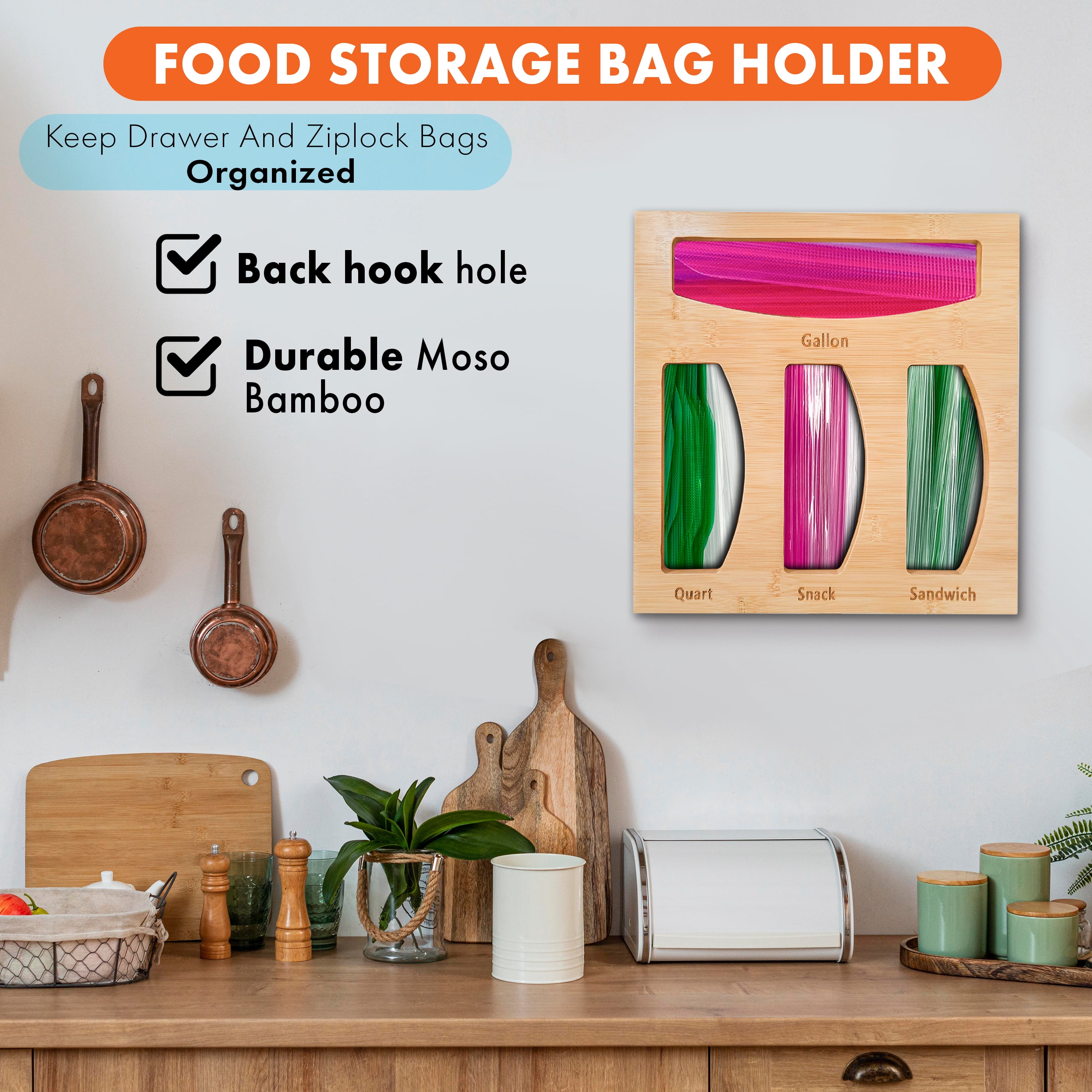 Dharmagic Storage Bag Organizer - Bamboo Storage Containers with Laser Engraved Labels Compatible with Gallon, Quart, Snack & Sandwich Bags from Most Brands - Fits Standard Kitchen Drawers