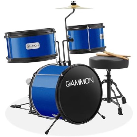 Gammon 3-Piece Junior Drum Set with Throne - Blue, Complete Beginner Kit with Bass Drum, Toms, Cymbal, Pedal, and Drumsticks