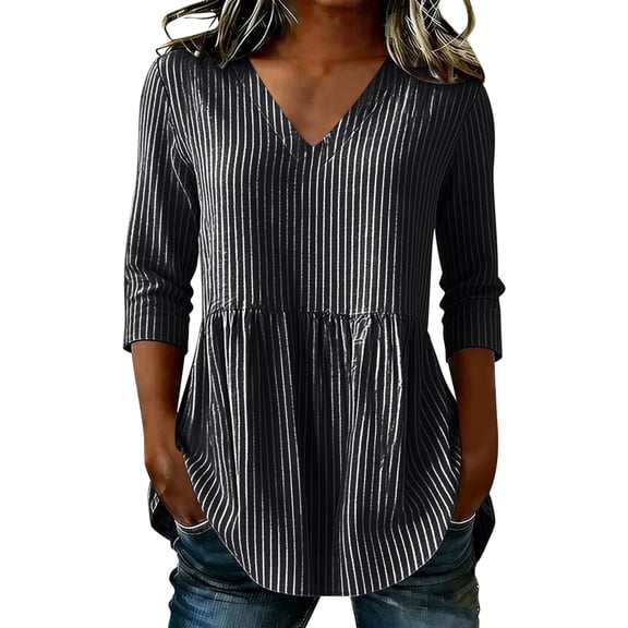 Sevevn Women's Striped 3/4 Sleeve V Neck Blouse Casual Loose Fit Peplum Tunic Top Black M