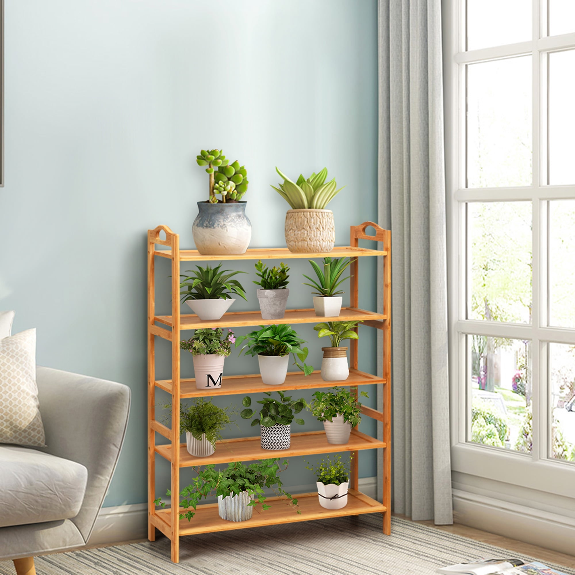 Gymax 5-Tier Bamboo Shoe Rack FreeStanding Shoe Shelf Entryway Shoe Storage Organizer
