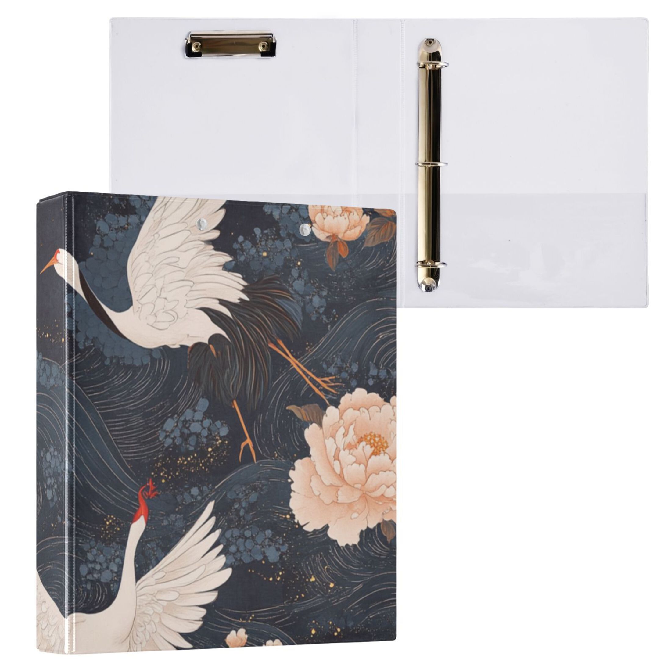 Elegant Cranes Peonies 3 Ring Binders 1.5 inch Hardcover File Folders with Interior Pockets A4 Size Organizer for School Office Hospital
