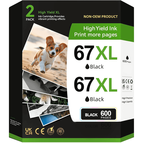 67XL Black Ink Cartridge Compatible for HP 67 Black Ink for Deskjet 2700 2700e 2752 2752e 2755 2755e Envy 6000 6055 6055e 6058 Envy Pro 6455 6458 Printer (Black, 2-Pack)