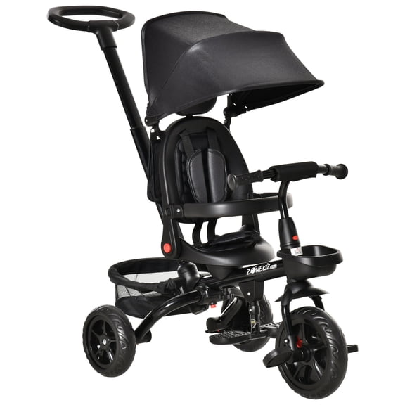 4-in-1 Kids Tricycle with Push Handle & Canopy - Adjustable Black Trike for Toddlers Ages 1-5 Years