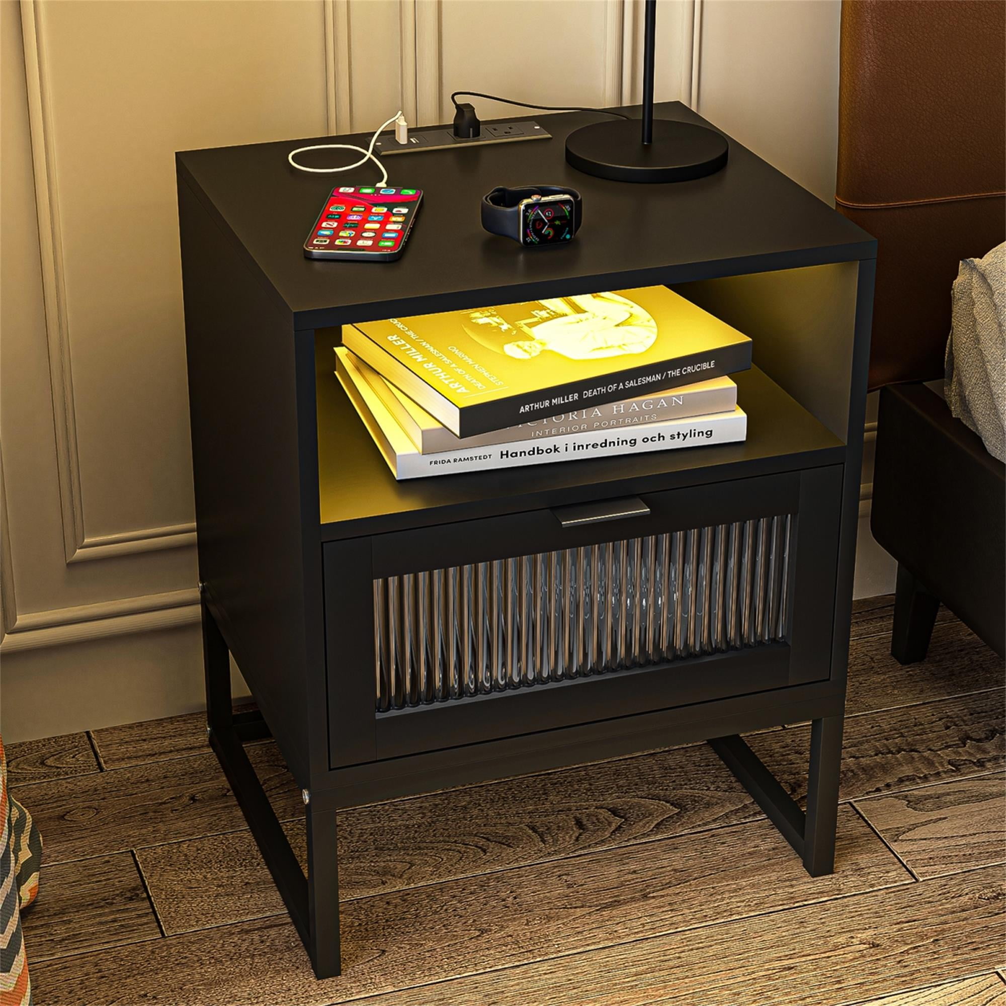 Resenkos Modern Nightstand with Charging Station and LED Lights Glass Drawer, Black