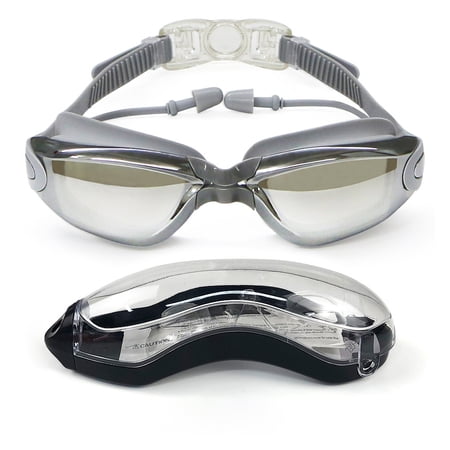 Suzicca Swimming Goggles with Attached Earplugs -Fog No Leaking Comfortable Electroplated Swim Goggles with Box for Adult Women Men Youth Grey