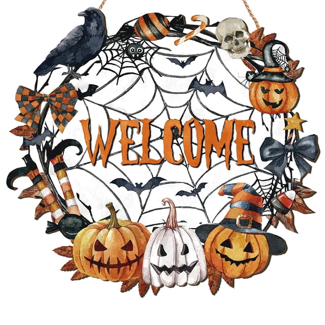Decoración de Halloween, corona de madera con forma de fantasma para puerta de entrada, letreros de pared, letrero de calabaza, murciélago, gato negro, feliz Halloween, letrero colgante para