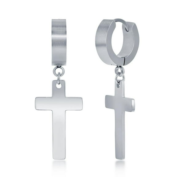 Men’s and Unisex Polished Cross Huggie Hoop Earrings | Stainless Steel Charm Earrings | Jewelry for Men and Women