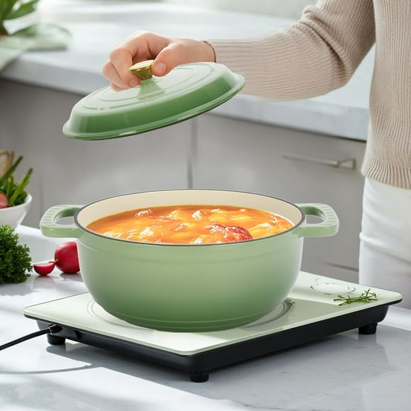 QueipA 6 QT Green Enameled Cast Iron Round Dutch Oven with Lid for Bread Baking, Stews