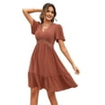 thumbnail image 1 of Robe d'Été Boho à Pois Courte en Dentelle Col en V Manches Courtes Robe Fluide Ligne A Mini Robe Rouge Brique L, 1 of 10