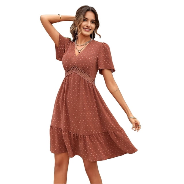 Robe d'Été Boho à Pois Courte en Dentelle Col en V Manches Courtes Robe Fluide Ligne A Mini Robe Rouge Brique L