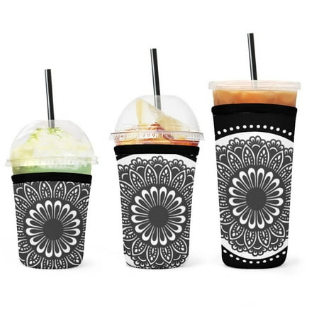 

Set of 3 Packs Reusable Hot And Iced Coffee Cup Sleeve Neoprene Tumbler Sleeve Lace Pattern Mandala(16 24 32oz)