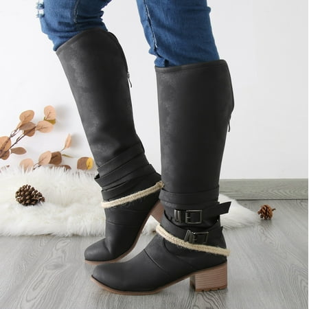 

Feiboyy Womens Shoes Round Toe Belt Buckle Back Zipper Heel Womens Boots Vintage Boots Mid Boots