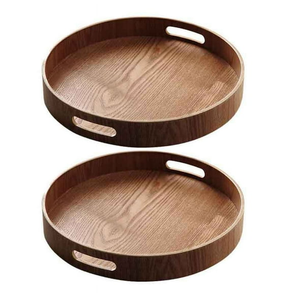 2x Round Serving Bamboo Wooden Tray for Dinner Trays Tea Bar Breakfast Food Container Handle Storage Tray 3 & 1,2 x Tea Tray,Wood Color