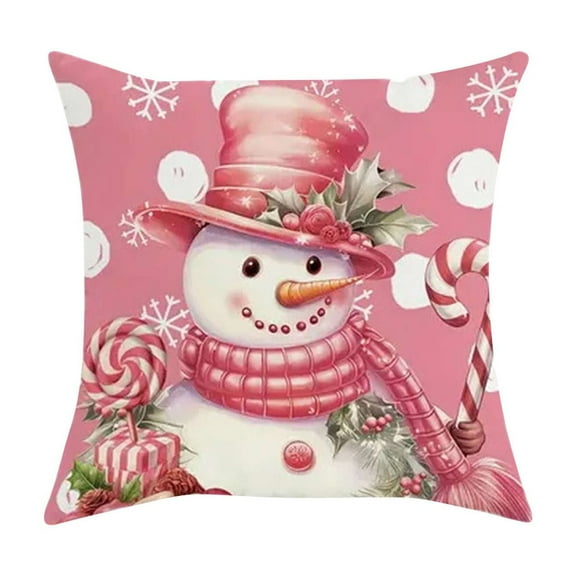 ZMKIAG Christmas Pillowcase 17.7 Inch - Pink Holiday Decor Cushion with Bow, Bell, Santa & Snowman Prints, Winter Themed Sofa Pillowcase for Family Living Room Decor