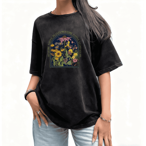 Boho Wildflower Nature Print Tshirt Graphic Tees Black Shirts S-2XL Water Washed Tops