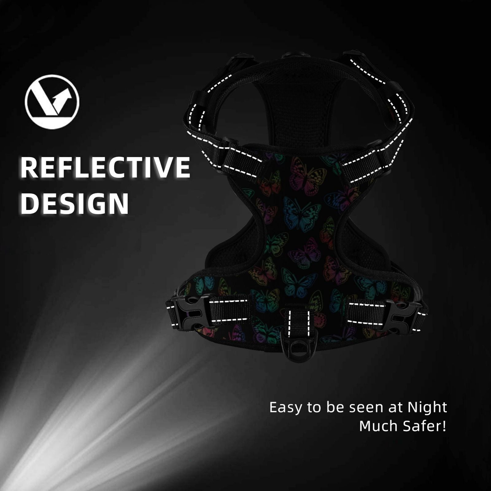 Fuzoiu Multicolored Butterflies Print Reflective Dog Harness,Adjustable, Breathable Pet Vest,Dog Harness No Pull,No Choke Pet Vest for Small, Medium, and Large Dogs-Medium