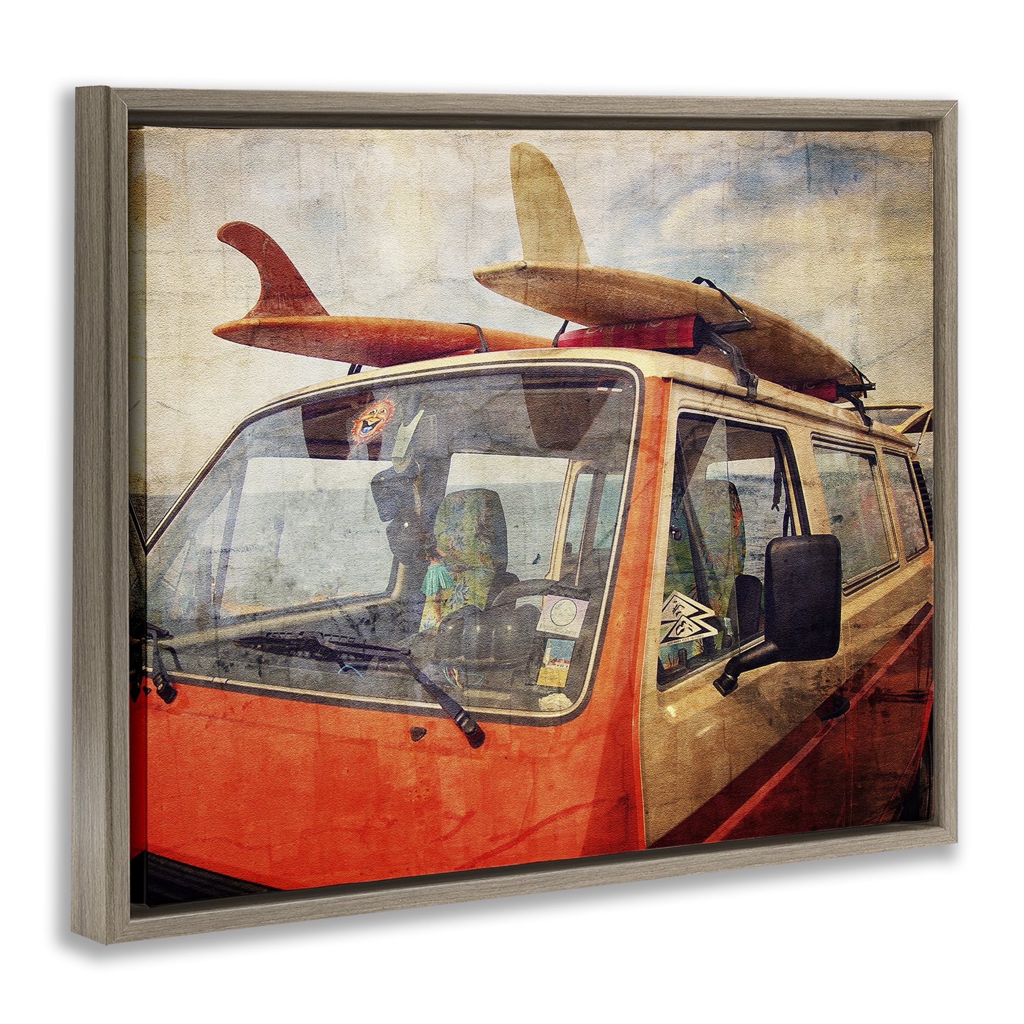 Stupell Industries Surf Bus Vintage Distressed Brown Framed Floater Canvas Wall Art, design by Grotto Studios