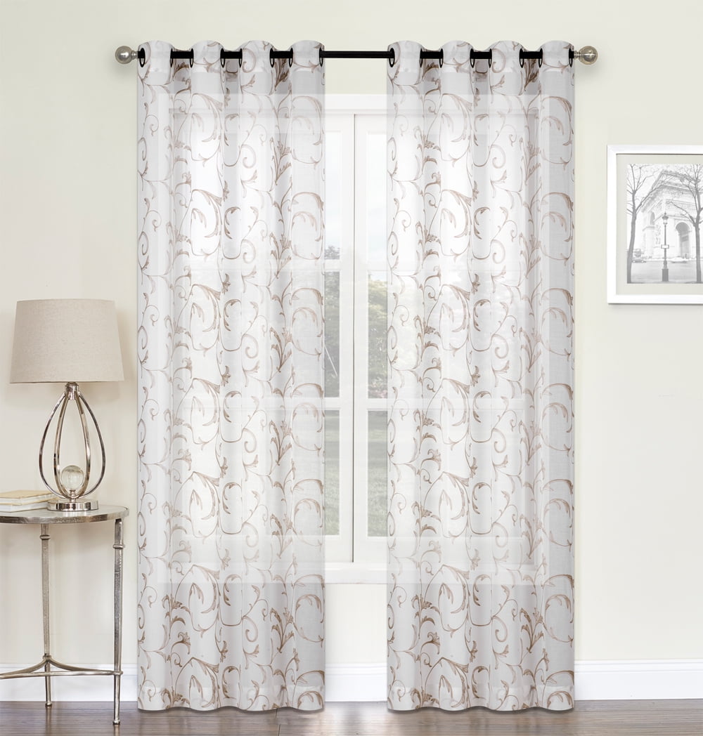 2 Pack Scroll Floral Matte Sheer Embroidered Grommet Curtains Linen
