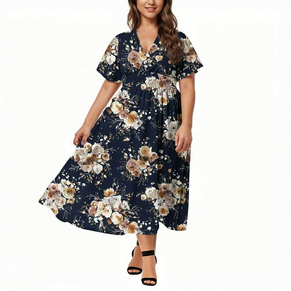 Women Dresses Casual Plus Size Bohemian Short Sleeve Floral Long Maxi Summer Beach Swing Dress Black XXXL