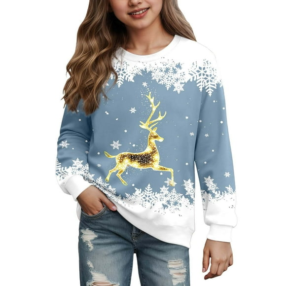 PMVFHDE Christmas Sweatshirt Stylish Kids Pullover Sweater For Everyday Wear Cozy Casual Childrens Hoodies And Sweatshirts Blue,13-14 Years