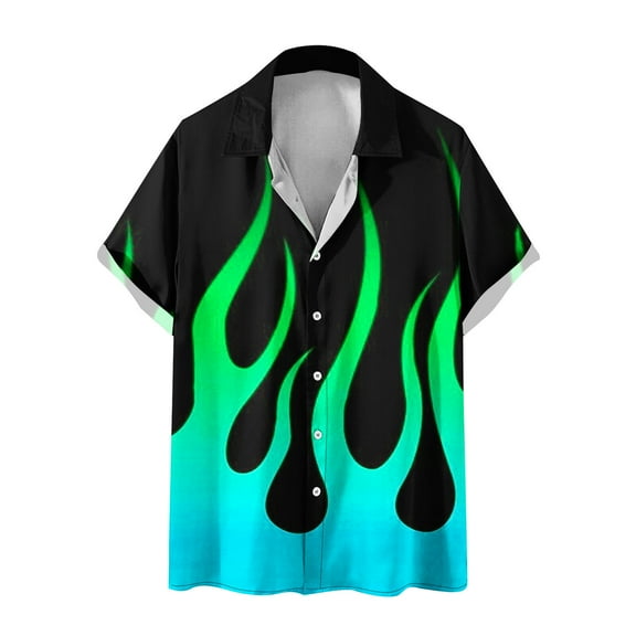 Men's Summer Button Down Shirts Flame Print Short Sleeve Bowling Shirt Tops Casual Relaxed Fit Elastic Tees for Vacation Traveling