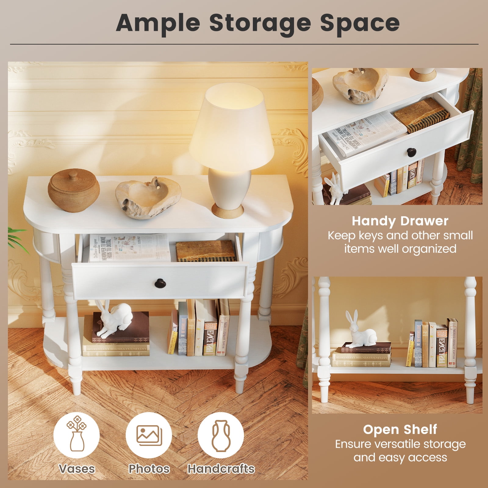 Gymax Retro Console Table 36''L Wooden Entryway Table w/ Storage Drawer & Open Shelf White