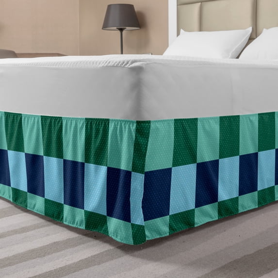 Navy and Teal Bed Skirt, Aquatic Colored Squares with Old Fashioned Polka Dots Retro Style Maritime, Elastic Bedskirt Dust Ruffle Wrap Around for Bedding Decor, 4 Sizes, Multicolor, by Ambesonne