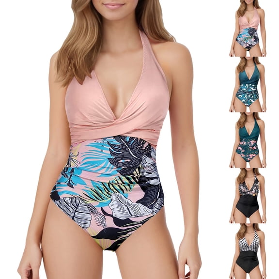 LILIYA Tummy Control Swimsuits for Women Slimming One Piece Bathing Suit Ruched Halter Push Up Bathing Suits Plus Size Padded Swimwear
