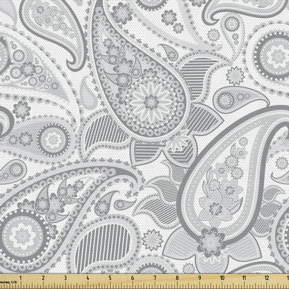 Ambesonne Paisley Fabric by the Yard Upholstery, Digital Persian Leaf, 2 Yards, Grey and White