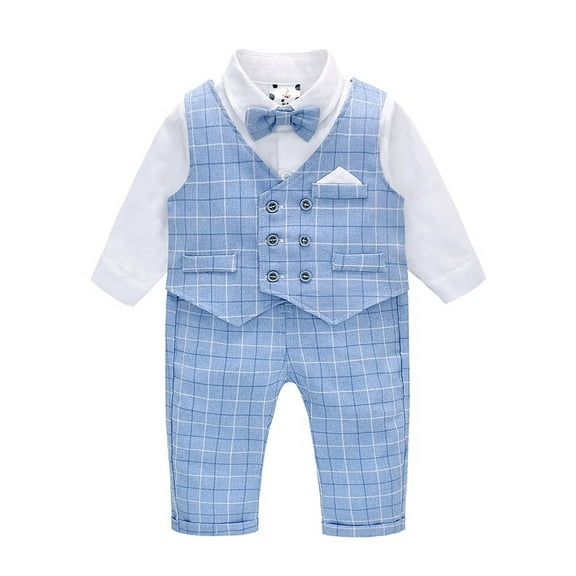 famuka Baby Boy Classic Suit Double Breasted Waistcoat Tuxedo Formal Outfit Plaid