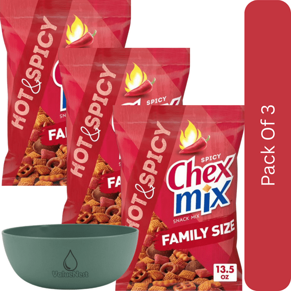 Chex Mix Hot & Spicy Savory Snack Mix, Family Size, 13.5 oz-3pk, With Olive Green Bowl By ValueNest