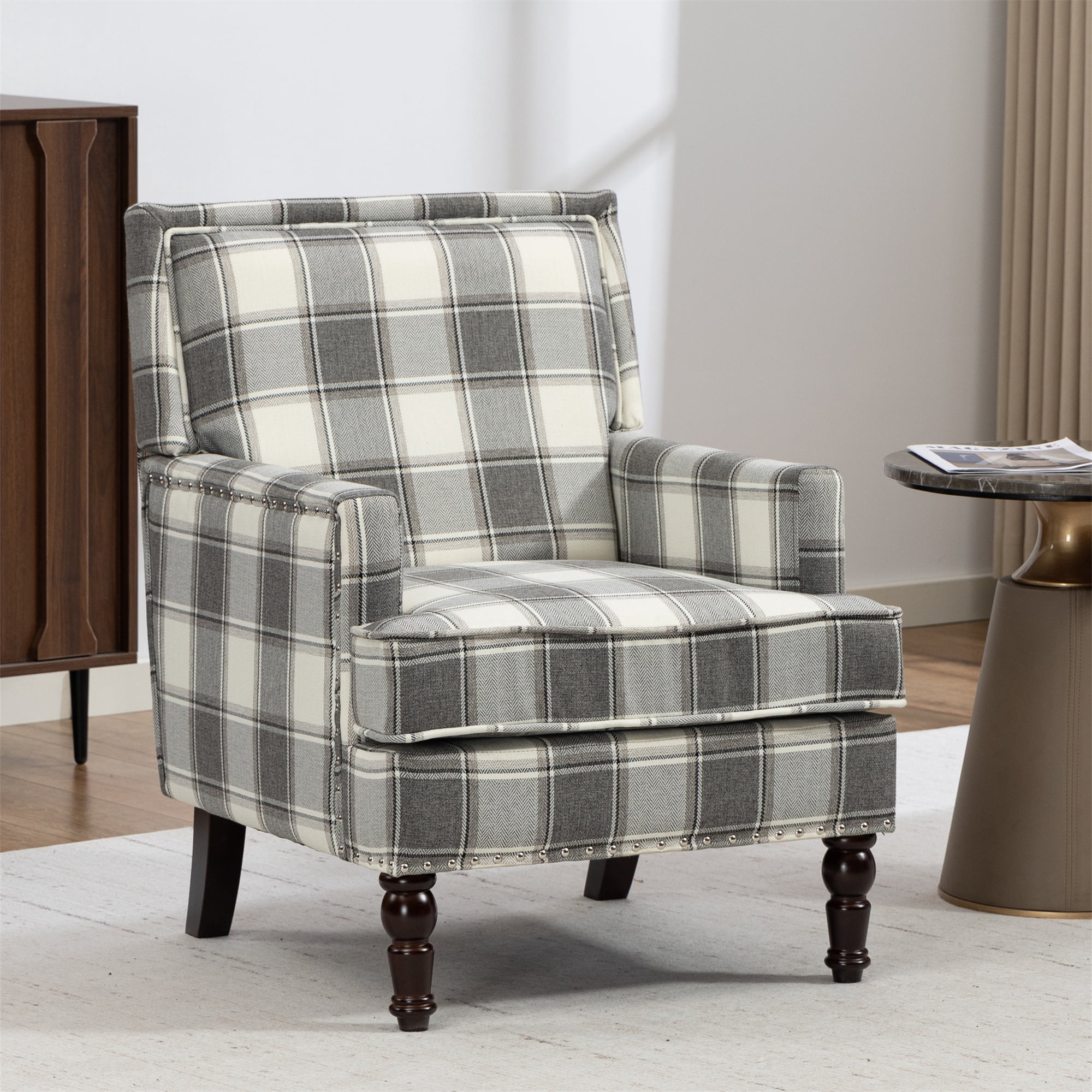 Aukfa Vintage Accent Chair Mid-Century Modern High Back Armchair for Living Room, Nailhead Trim, Antique Grey