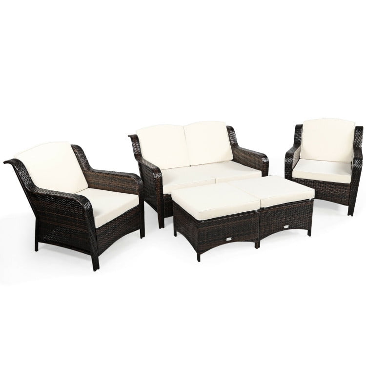 Aimee Lii 5 Pieces Patio Rattan Sofa Set with Cushion and Ottoman, Outdoor Wicker Patio Furniture Set, White Aimee Lii 5 Pieces Patio Rattan Sofa Set with Cushion and Ottoman, Outdoor Wicker Patio Furniture Set, White