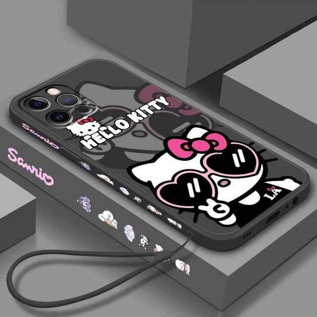 Sanrio Hello Kitty Cartoon Liquid Left Rope For Apple iPhone 15 14 13 12 11 XS XR X 8 7 SE Pro Ultra Max Plus Mini Phone Case LXY