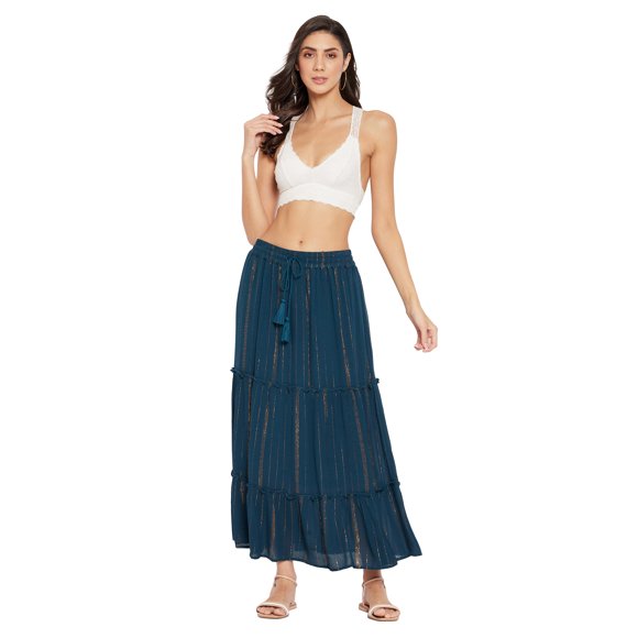 Women Solid Skirt Long Ruffle Layered Ladies Skirts for Summer with Elastic Waist Online