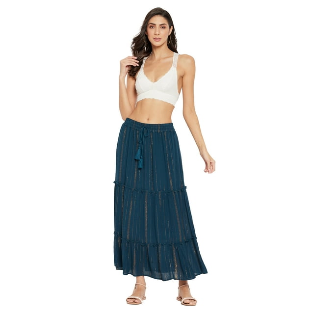 Women Solid Skirt Long Ruffle Layered Ladies Skirts for Summer with Elastic Waist Online