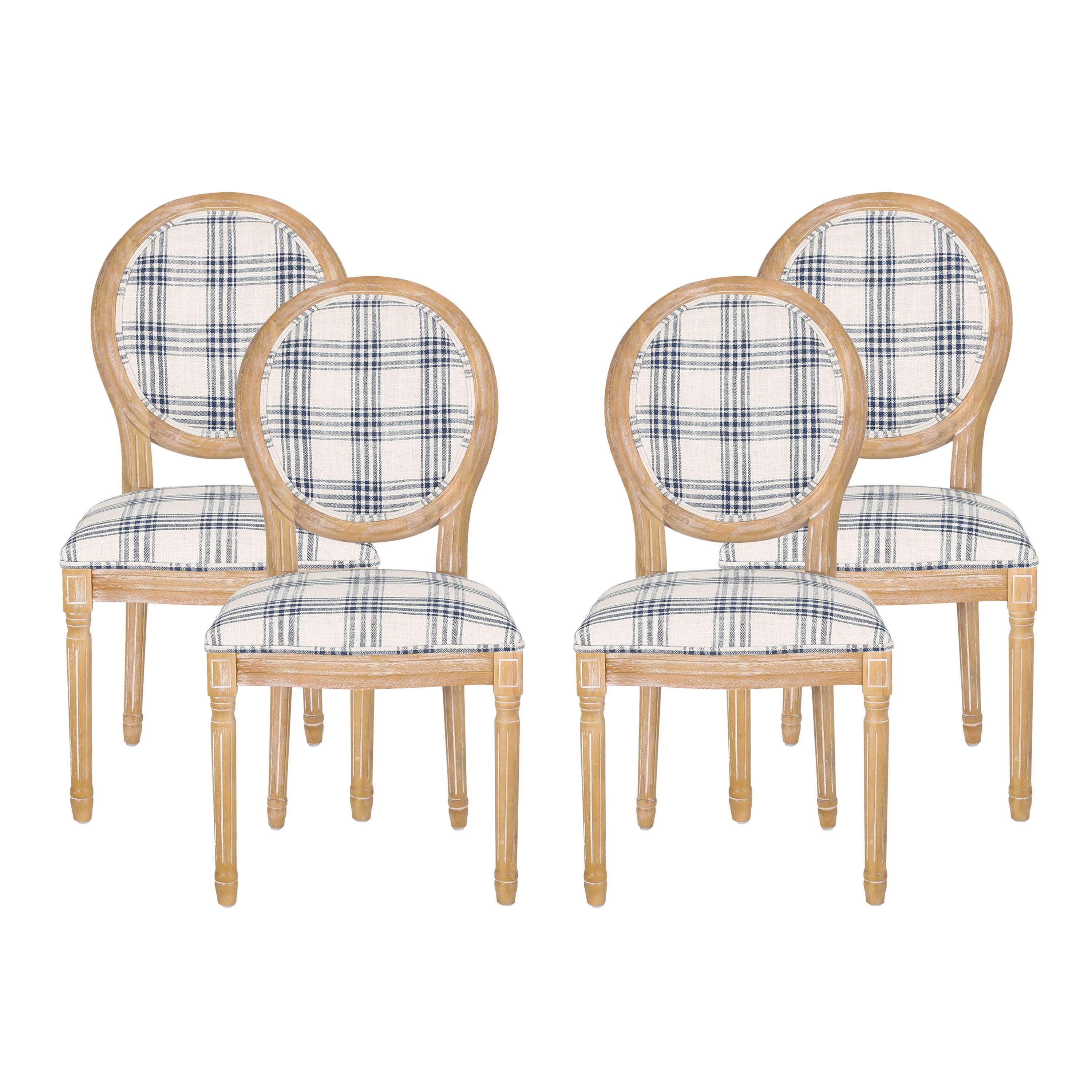 Noble House Karter Indoor French Fabric Dining Chairs, Set of 4, Dark Blue Plaid