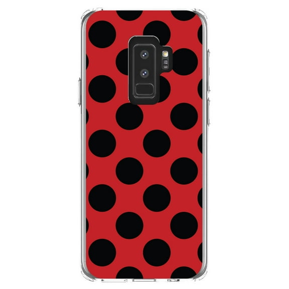 DistinctInk Clear Shockproof Hybrid Case for Samsung Galaxy S9  PLUS (6.2" Screen) - TPU Bumper, Acrylic Back, Tempered Glass Screen Protector - Black & Red Polka Dots
