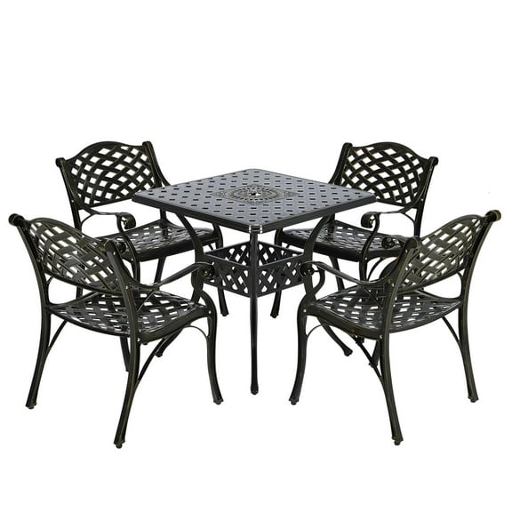 MEETWARM 5-Piece Outdoor Patio Dining Set, All-Weather Cast Aluminum Conversation Set, Patio Furniture Set for Balcony Lawn Garden Backyard, Include 4 Chairs, a 30.5” Square Table with Umbrella Hole