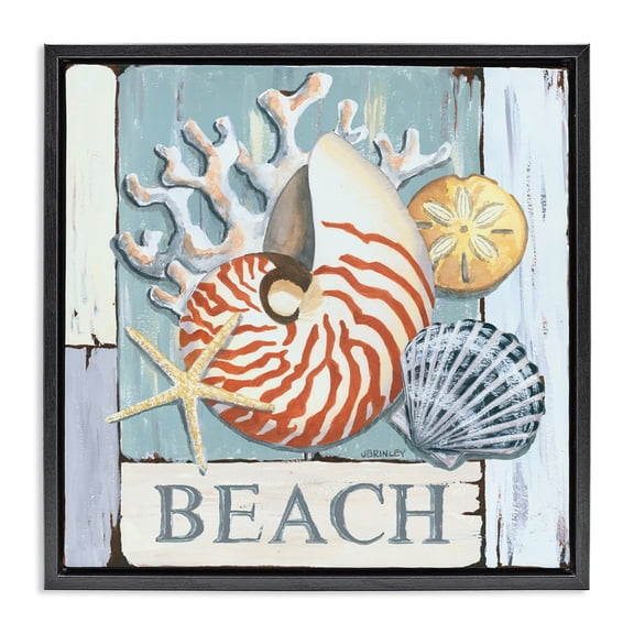 Stupell Industries Rustic Lodge Distressed Beach Shells Black Floating Frame Canvas Art, 18 x 18, by Jennifer Brinley rep. Levison Designs