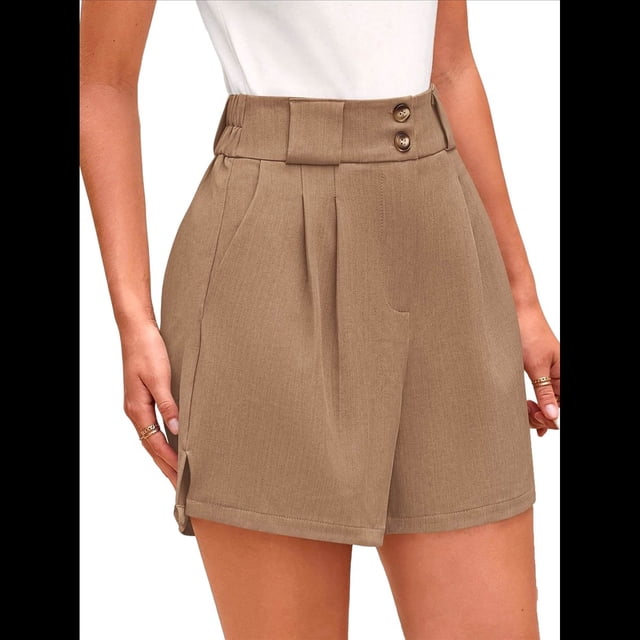 Pantalones Cortos de Trabajo Informales para Mujer, de Verano 2025, con Cintura Alta Elástica, Plisados, Aberturas Laterales y Bolsillos. Caqui M