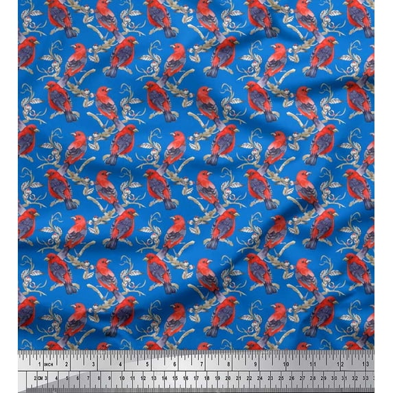 Soimoi Blue Rayon Fabric Branches & American Robin Bird Decor Fabric Printed BTY 56 Inch Wide