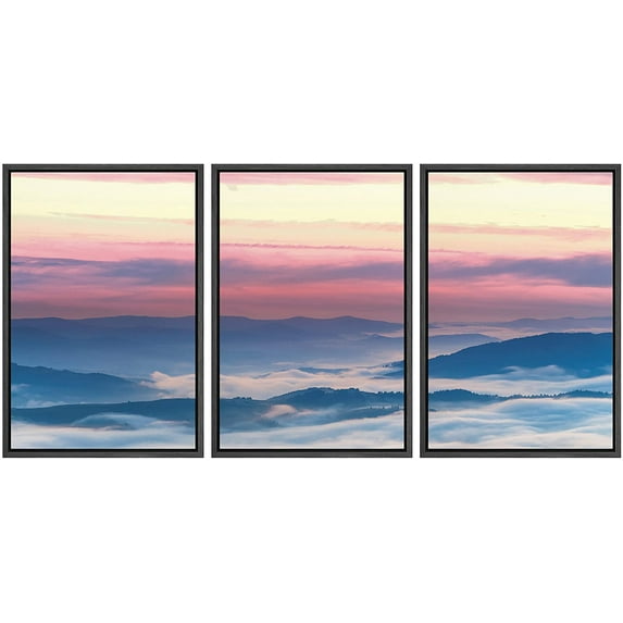 IDEA4WALL Framed Canvas Wall Art Yellow Red Sunrise with Blue Foggy Mountains Landscape Wilderness Photography Minimalism Modern Scenic Colorful for Living Room, Bedroom, Office