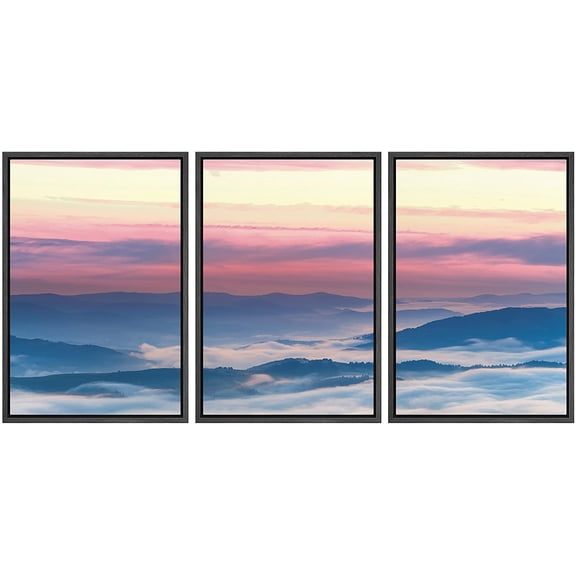 IDEA4WALL Framed Canvas Wall Art Yellow Red Sunrise with Blue Foggy Mountains Landscape Wilderness Photography Minimalism Modern Scenic Colorful for Living Room, Bedroom, Office