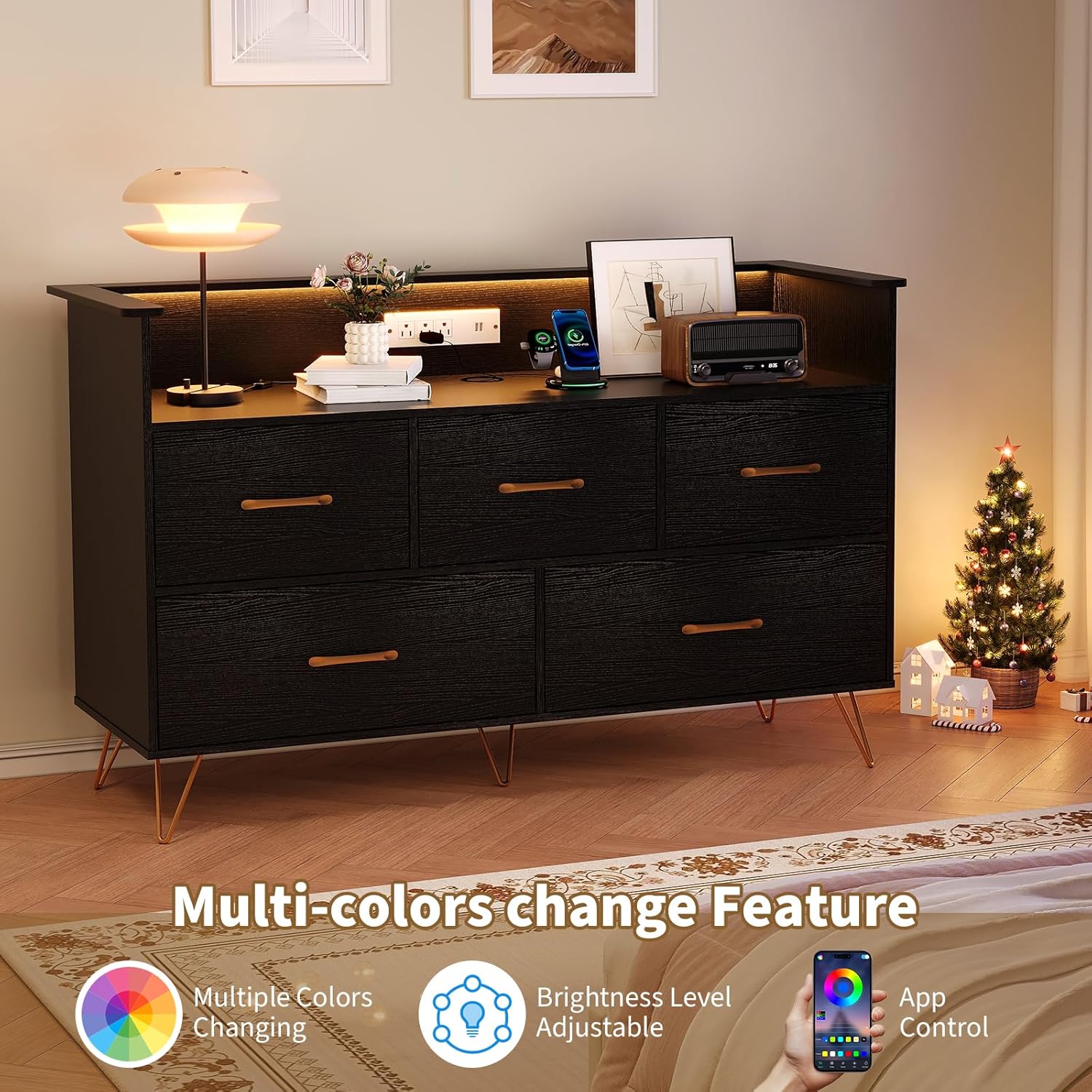 Black Dresser for Bedroom, 47" Wide Chest of Drawers with LED Lights, Charging Station & 5 Smooth-Sliding Drawers, Modern Wood Storage Cabinet for Entryway, Hallway, Living Room
