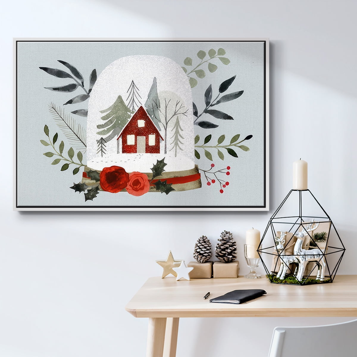 Snow Globe Village Collection A - Framed Gallery Wrapped Holiday Canvas - 27 x 41 - White Frame